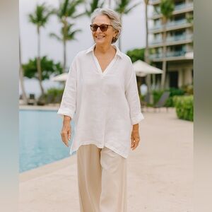 Tahari Linen Tunic Top Popover V Neck Women’s‎ 2X. White.